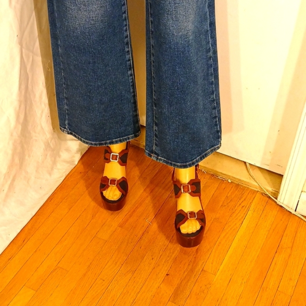 Like New Tory Burch Brown Leather & Navy Blue Denim Wedge Platform Heels - Picture 6 of 16